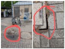Foto: Großflächig Ausspülungen - Absackgefahr Pflaster möglich  